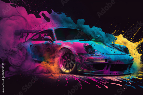 Drifting car on dark black background with multi color blue, pink, orange, green, yellow smoke . Car in the smoke. Supercar in motion. Sports car drifting in color smoke. Supercar in fog. Ai © Dijay