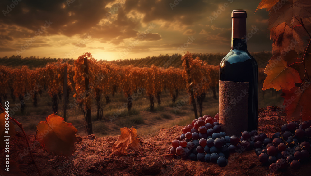 Vineyard Elegance. Rustic wooden table adorned with a bottle of red wine and grapes, capturing the essence of the vineyard at sunset. Copy space. Wine tasting AI Generative