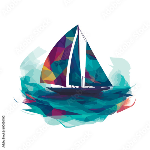 Sailing boat on the water, vector logo, colored caravelle emblem.