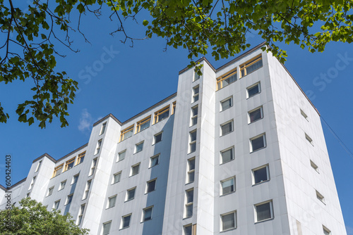 Facade of a modern apartment building complex in Swedish suburbs Hisingen in northern Gothenburg.
