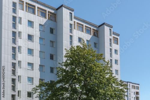 Facade of a modern apartment building complex in Swedish suburbs Hisingen in northern Gothenburg.
