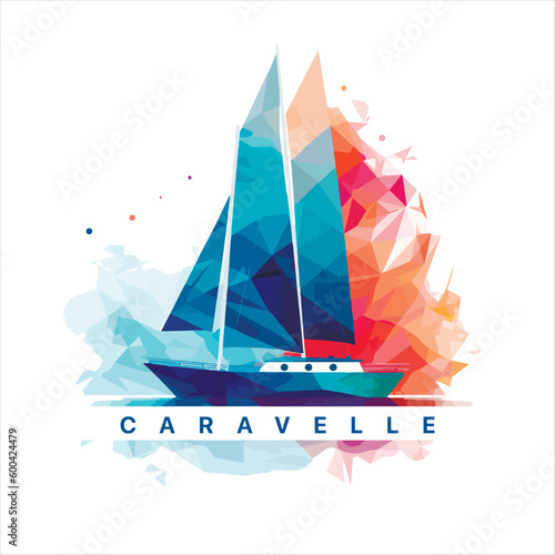 Sailing boat on the water, vector logo, colored caravelle emblem.