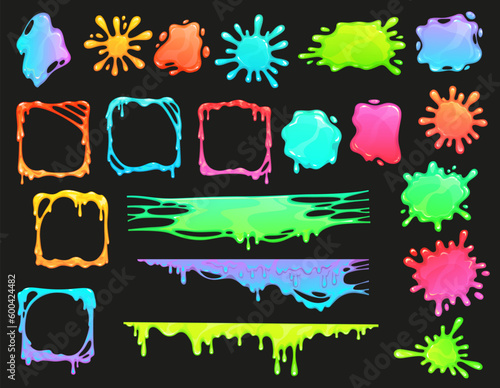 Cartoon colorful slime frames, splashes and blob drips, vector backgrounds. Green mucus slime borders with liquid drops and splats, color paint splatter with sticky texture and slime splash frames