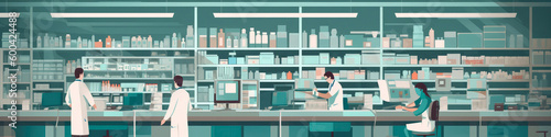 Hospital Pharmacy, Medicine Shelves, Pharmacist At Work. Panorama Banner. Generative AI photo