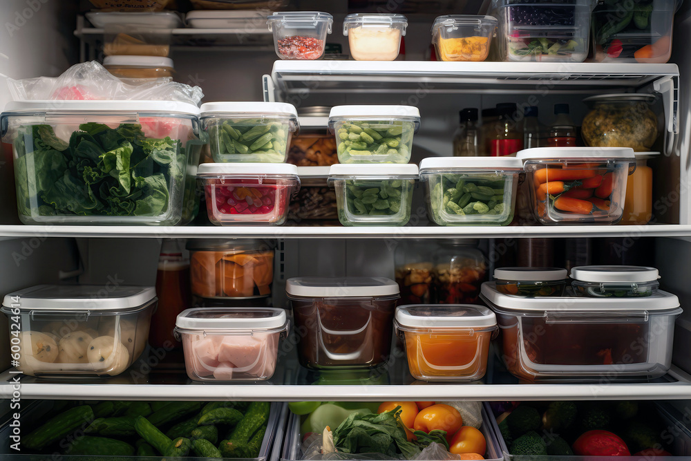 Refrigerator With Meal Prep Containers, Readytoeat Meals. Generative AI