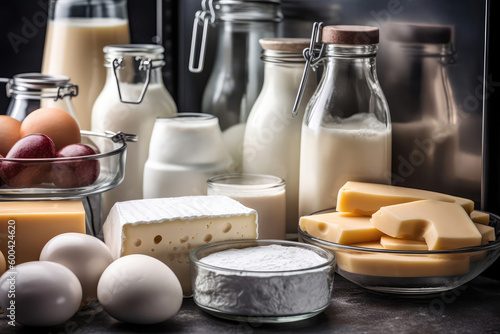 Refrigerator With Dairy Products, Milk, Cheese, And Yogurt. Generative AI photo