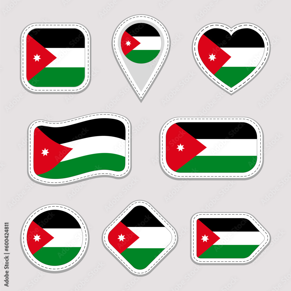 Jordan flag vector set. Jordanian stickers collection. Isolated geometric icons. State national flags symbols badges. Web, sport page, patriotic, travel design elements. Different shapes. Jordan flag vector set. Jordanian stickers collection. Isolated geometric icons. State national flags symbols badges. Web, sport page, patriotic, travel design elements. Different shapes.