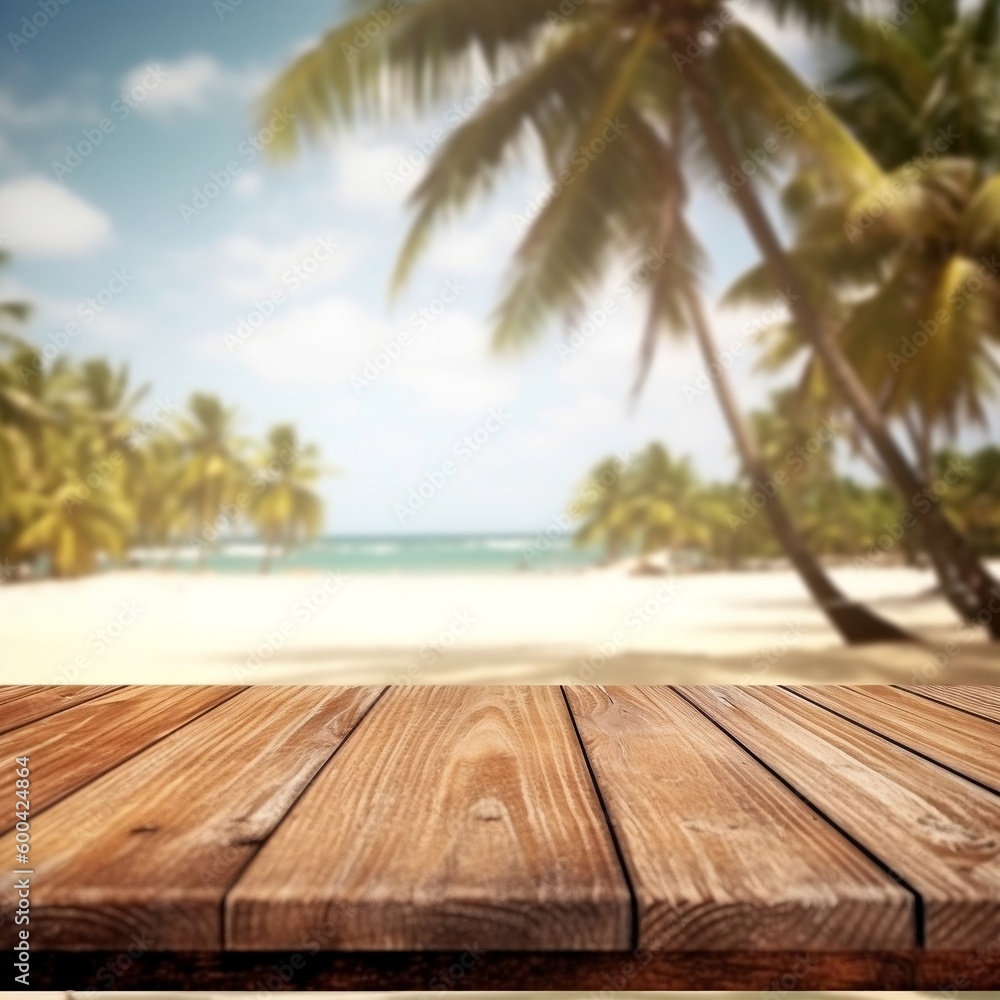 Tropical Beach View on Wooden Table for Product Display. Generative AI