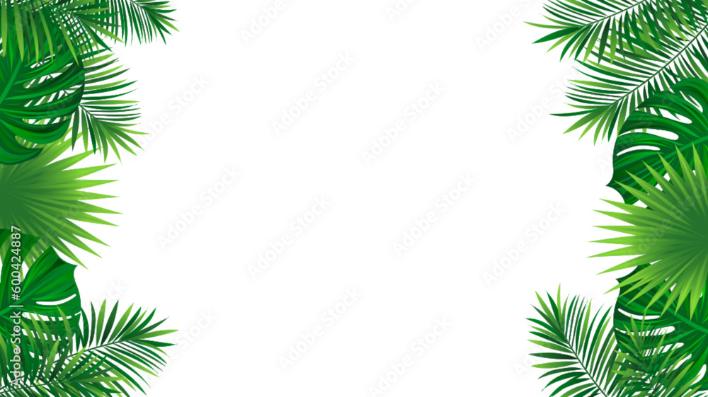 Tropical frame with exotic jungle plants, palm leaves, monstera and place for text. Folliage vector background. tropic design for travel, summer holiday, vacations card and banners.