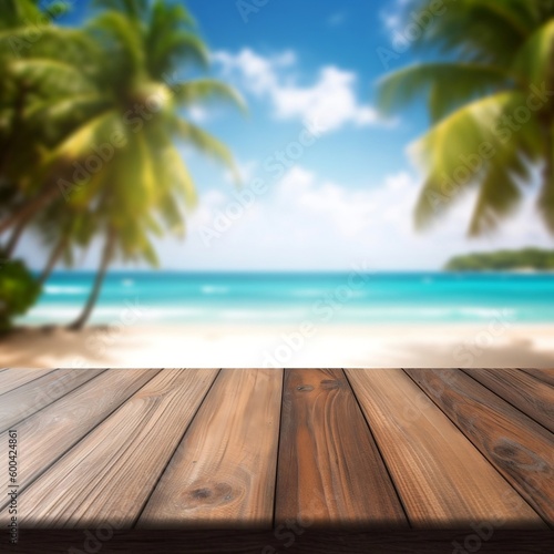 Tropical Beach View on Wooden Table for Product Display. Generative AI ©  Creative_studio
