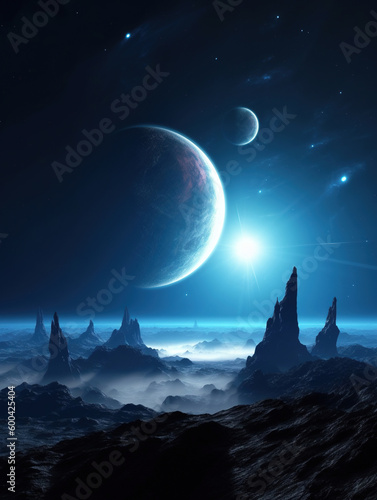 Mystic Surreal Space Landscape. Surreal landscape of the planets in space. Generative AI. © Absent Satu