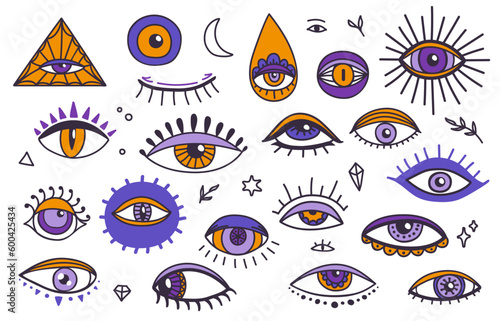 Magical witchcraft eyes. Mystic or esoteric abstract eyeball luck charm, witchcraft and magic sight talisman or boho providence and fortune vector symbol. Spiritual and mystical vision seeing tattoo