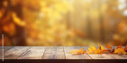 autumn leaves on wooden table with generative ai
