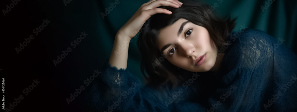 A relaxed woman in a blue sweater lies on top of a chair with her hands clasped, exuding an air of peaceful contentment. generative AI A relaxed woman in a blue sweater lies on top of a chair with her hands clasped, exuding an air of peaceful contentment. generative AI