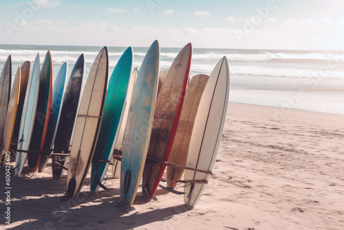 Surfboards On The Beach, Ready For The Waves. Generative AI