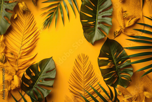 Tropical Leaves On Yellow Background. Generative AI photo