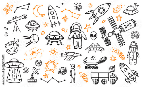 Doodle space planets, astronauts, spaceship, comets and asteroids. Cosmos research, space flight or adventure line vector pictograms. Galaxy discovery background with spacesuit, alien UFO and rover