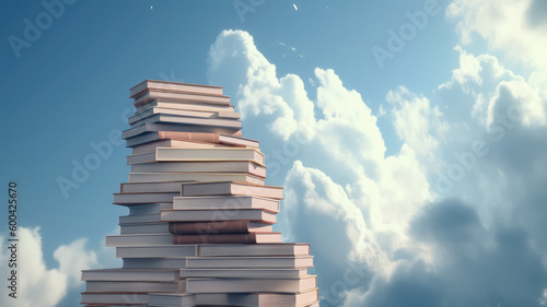 Abstract book stack with ladder on sky with clouds background. Ladder going on top of huge stack of books. Education and growth concept. 3D Rendering. Generative AI 