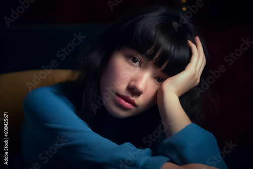 A relaxed woman in a blue sweater lies on top of a chair with her hands clasped, exuding an air of peaceful contentment. generative AI