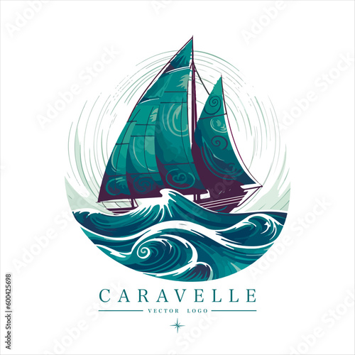 Sailing boat on the water, vector logo, colored caravelle emblem.