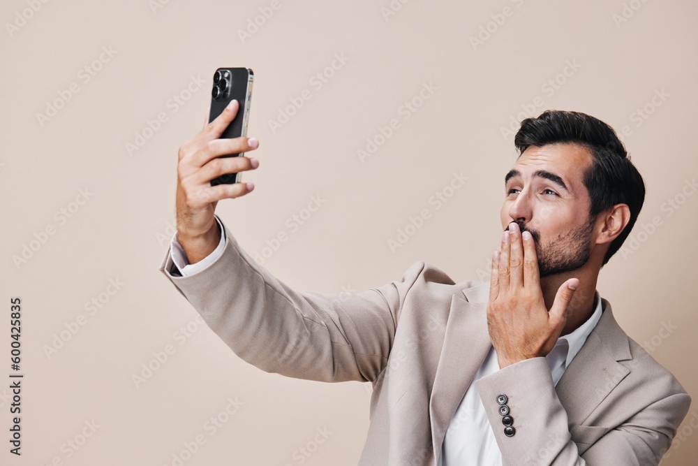 hold man happy smartphone phone portrait smile connection call suit business hold man happy smartphone phone portrait smile connection call suit business