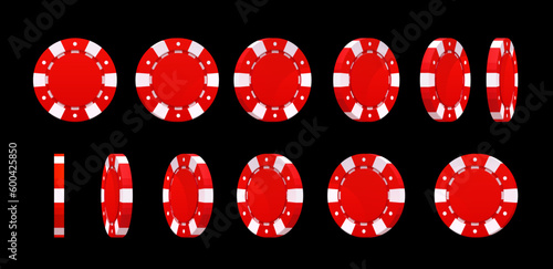 Casino poker chips animated rotation. Casino roulette, playing card or dice game 3d realistic vector item. Gambling red and white chips rotation and falling or turn animation sequence