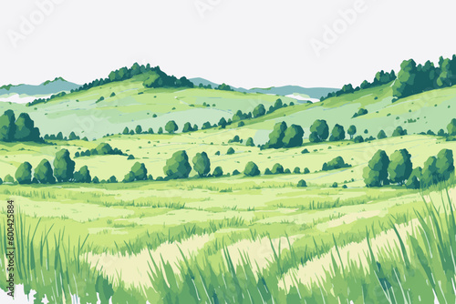 Green fields, meadows. Panorama of green fields and hills. Landscape of green meadows. Vector illustration of nature.