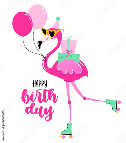 Happy Birthday - funny hand drawn doodle, cartoon flamingo. Good for Poster or t-shirt textile graphic design. Vector hand drawn illustration. Flamingo Birthday Party.