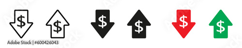 Increase, decrease dollar vector icons.  Losing money. Sign rise and fall of the dollar vector desing. EPS 10
