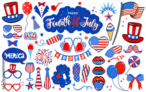 Happy Independence Day photo booth prop set. Premium vector cap, hat, lips, eyeglasses, degree and many other. 4th of July party photo booth. Let the freedom ring.