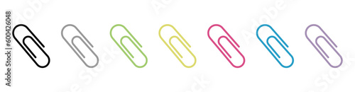 Paper clip icons vector set.  Attached paper clip.  
Colorful paper clip icons.  Flat design.  