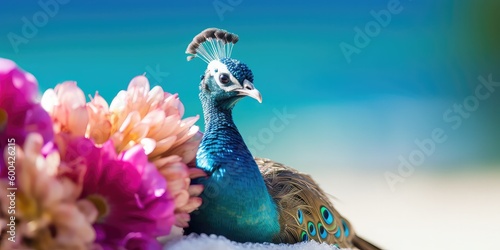 Peacock at beach with generative ai