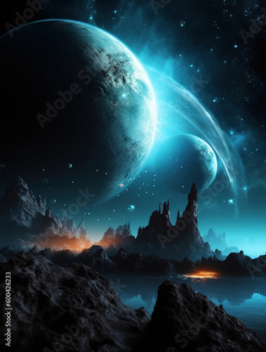 Mystic Surreal Space Landscape. Surreal landscape of the planets in space. Generative AI.