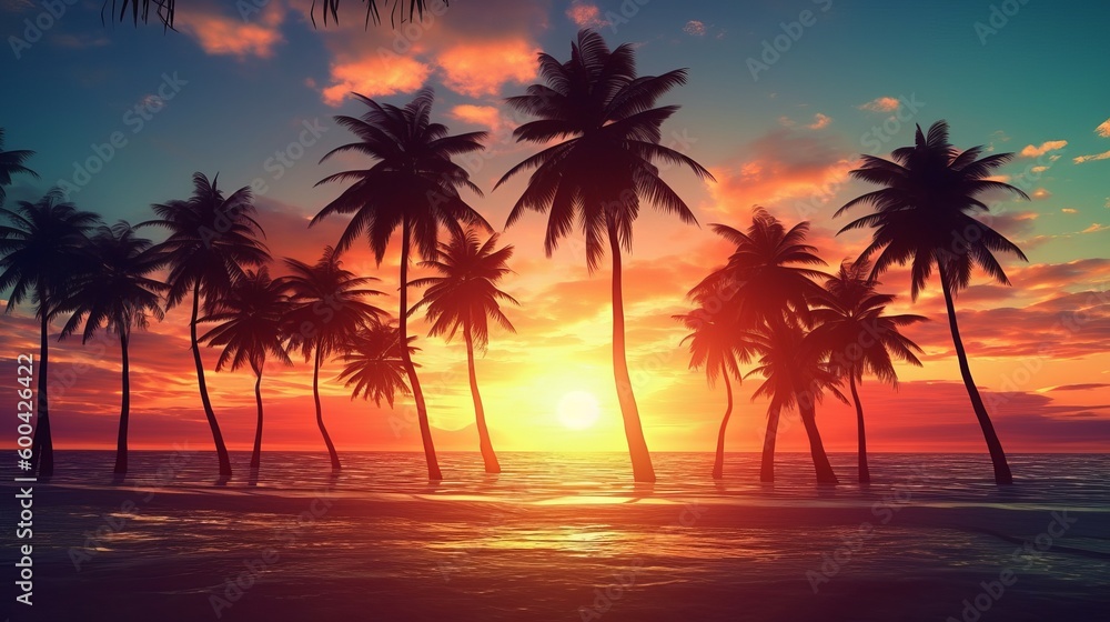 Sunset on the beach, palm tree silhouettes,  - Generative Ai