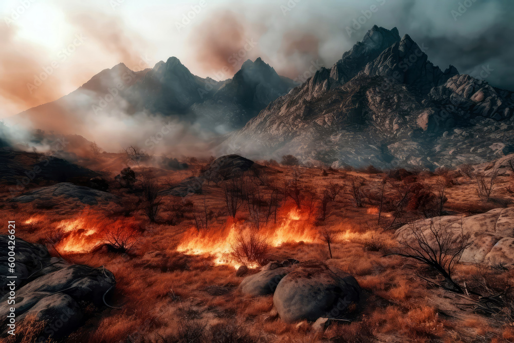 Dry, Mountainous Area With Smoke And Flames. Generative AI