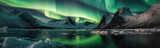 Dazzling Display Of The Aurora Borealis Above Frozen Fjord With Icebergs Floating In The Water. Panoramic Banner. Generative AI