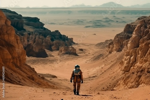 Space expedition. Man in a spacesuit walks on a desert surface with mountains. astronaut on mars. Adventure, exploration concept. Realistic photo created by artificial intelligence. Generative AI