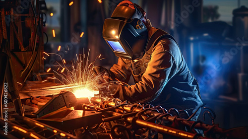 welder is welding metal part in car factory Generative AI © PaulShlykov