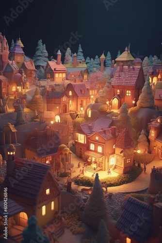 Beautiful illustration of a fairytale village, magic world, cartoon drawing. Generative Ai