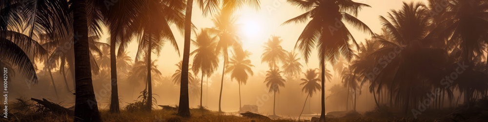 Golden Sun Setting Behind Grove Of Palm Trees On Tropical Island. Panoramic Banner. Generative AI Golden Sun Setting Behind Grove Of Palm Trees On Tropical Island. Panoramic Banner. Generative AI