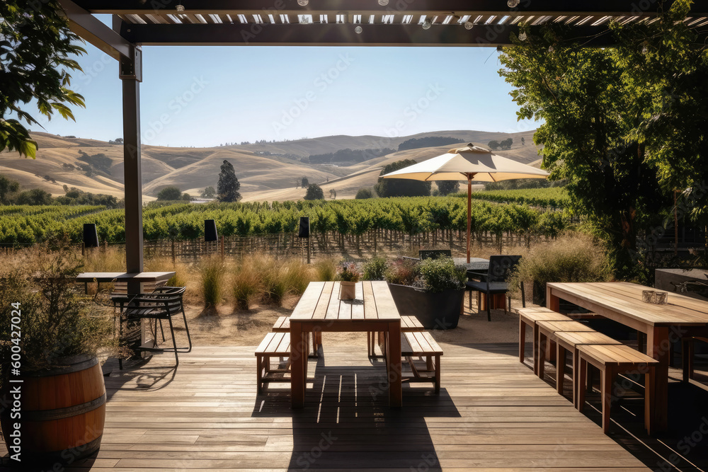 Winery With Spacious Outdoor Patio And Views Of The Surrounding Vineyards. Generative AI