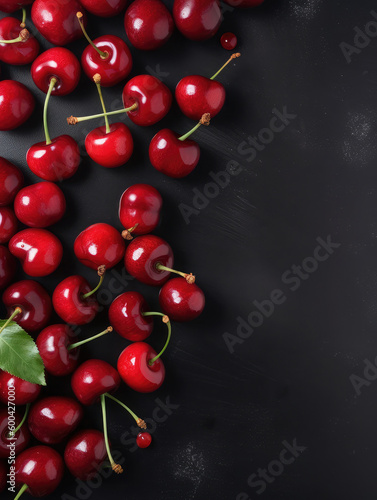 Cherries on a dark wooden table. Copy space. Generative AI