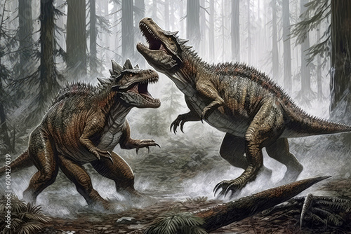 Dinosaurs Allosaurus Attacking Stegosaurus. Generative AI