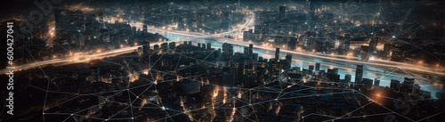 Abstract Image Of City Map Overlaid With Smart Grid Network. Panoramic Banner. Generative AI