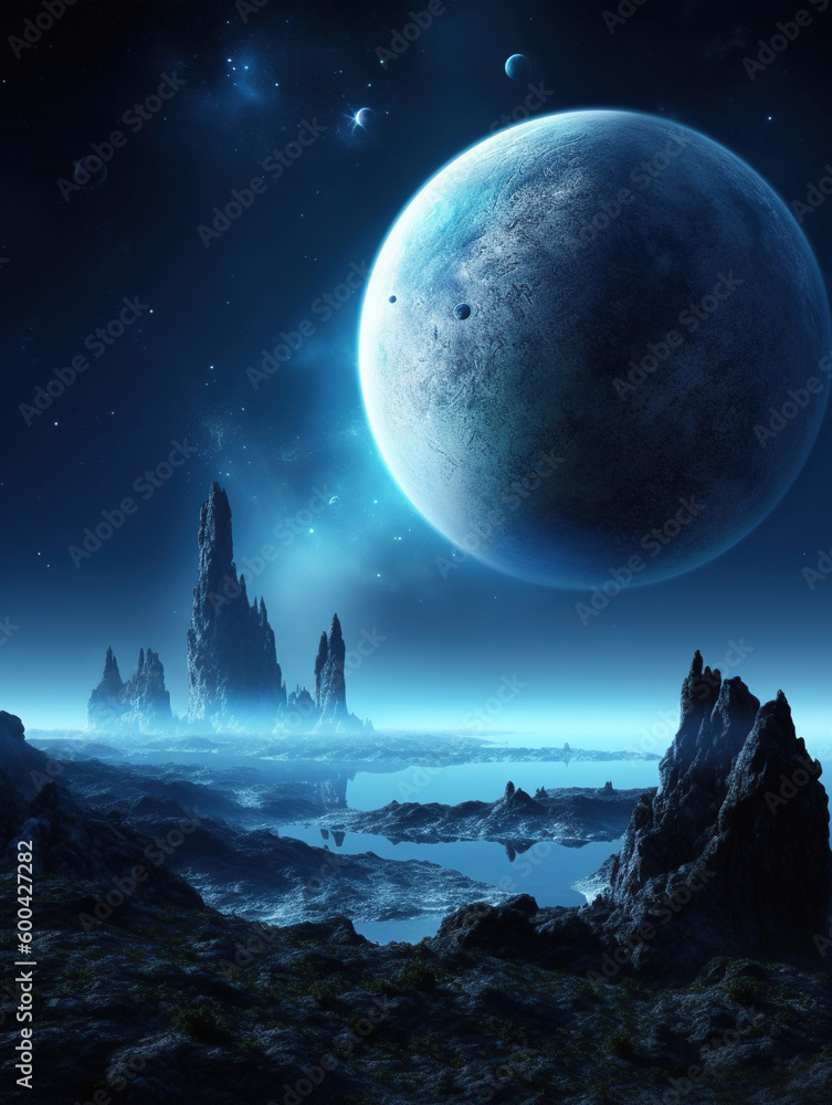 Mystic Surreal Space Landscape. Surreal landscape of the planets in space. Generative AI. Mystic Surreal Space Landscape. Surreal landscape of the planets in space. Generative AI.