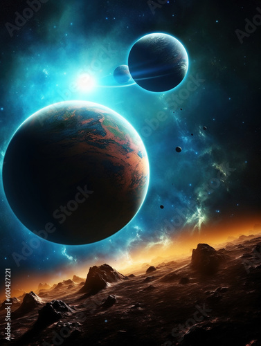 Mystic Surreal Space Landscape. Surreal landscape of the planets in space. Generative AI.