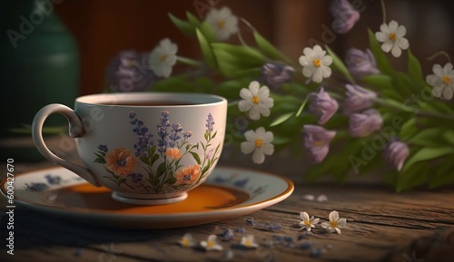 Beautiful Cup of Tea on a Wooden Table with Spring Flowers. Generative AI.