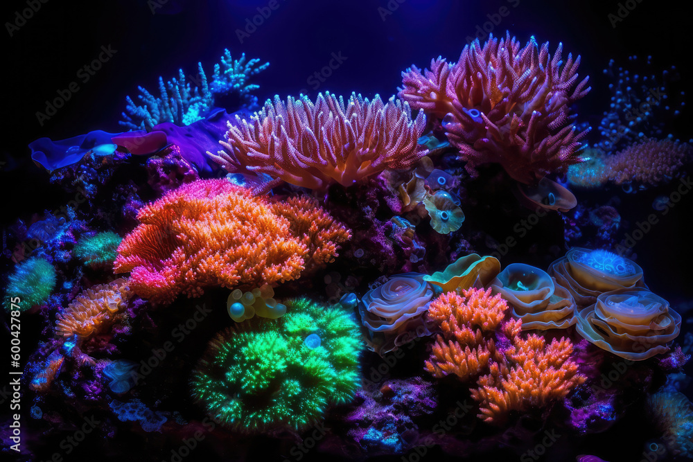 Neonlit Coral Reef Teaming With Marine Life. Generative AI Neonlit Coral Reef Teaming With Marine Life. Generative AI