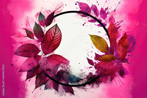 Magenta Circle Framed By Leaves With Floral Background Watercolor. Generative AI photo