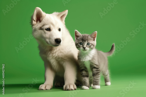 On Green Background, Tan Puppy Follows White And Gray Kitten. Generative AI photo